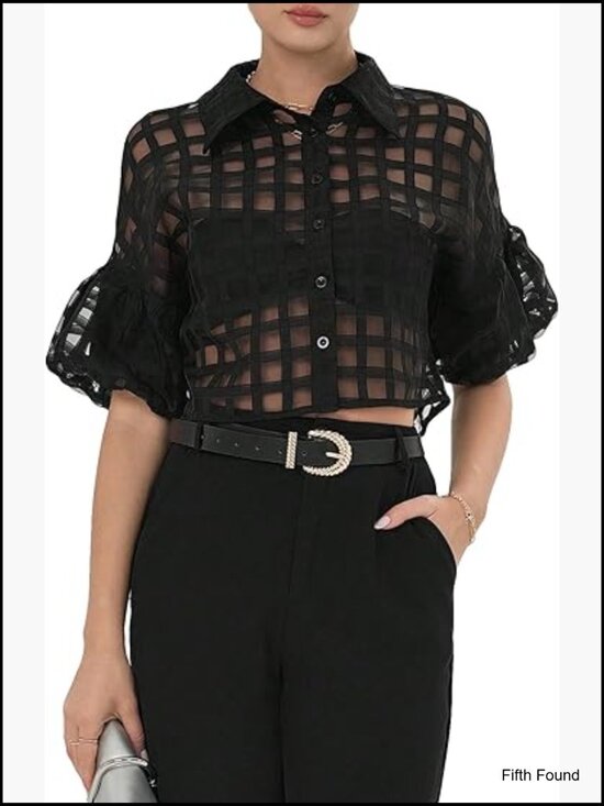 Sheer Mesh Crop Top with Puff Sleeves - Y2K Going Out Blouse